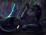  anthro araivis-edelveys black_hair black_lips blood cave claws detailed_background english_text feline female fur grey_fur hair lion looking_at_viewer mammal nude raining smile solo teeth text tongue 
