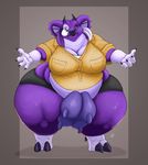  2016 anthro big_breasts breasts clothed clothing draconder female green_eyes hooves horn huge_breasts obese overweight piercing purple_skin shirt solo teats thick_thighs udders wide_hips 