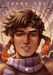  battle_tendency bird blue_eyes brown_hair burning grin headband highres jojo_no_kimyou_na_bouken joseph_joestar_(young) looking_at_viewer male_focus parted_lips portrait scarf signature smile solo star striped striped_scarf text_focus thank_you wystars 