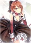  breasts brown_eyes brown_hair choker collarbone commentary dress eyebrows eyebrows_visible_through_hair frilled_dress frills gloves looking_at_viewer magical_mirai_(vocaloid) medium_breasts meiko open_mouth partly_fingerless_gloves short_hair solo vocaloid yen-mi 
