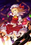  ascot blonde_hair blood blood_on_face chain crystal flandre_scarlet hat hat_ribbon highres mob_cap puffy_short_sleeves puffy_sleeves red_eyes red_ribbon red_skirt ribbon rin_falcon short_sleeves side_ponytail skirt skirt_set solo sword torn_clothes touhou weapon wings wiping_mouth wrist_cuffs 