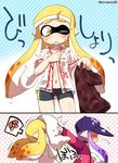 bike_shorts blonde_hair blush brown_jacket commentary_request domino_mask eromame hat inkling jacket long_hair mask multiple_girls navel one_eye_closed open_clothes open_shirt purple_hair red_jacket shirt splatoon_(series) splatoon_1 tentacle_hair very_long_hair wet wet_clothes 