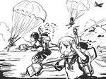  air_drop airborne aircraft airplane chii-kun_(seedyoulater) cloud fubuki_(kantai_collection) greyscale hatsuyuki_(kantai_collection) kantai_collection miyuki_(kantai_collection) monochrome multiple_girls ocean open_mouth parachute shirayuki_(kantai_collection) short_twintails smokestack turret twintails 