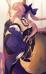 animal_ears back bare_shoulders fate/extra fate_(series) fox_ears fox_tail highres hino_hinako japanese_clothes kimono long_hair out_of_frame pink_hair solo_focus tail tamamo_(fate)_(all) tamamo_no_mae_(fate) tears yellow_eyes 
