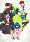  2boys alfimi armor artist_request aschen_brodel banpresto bare_legs blue_hair facial_mark female green_hair hat leotard long_hair multiple_boys multiple_girls red_eyes short_hair smile super_robot_wars 