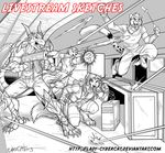  action_scene anthro canine clothed clothing cybercat dragon feline female group gun magic male mammal melee_weapon monochrome mustelid nunchaku open_mouth otter ranged_weapon rifle watermark weapon 