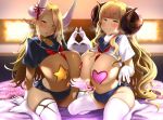  2girls ahoge anila_(granblue_fantasy) asymmetrical_docking bangs bed_sheet blonde_hair blue_shirt blue_skirt blunt_bangs blush breast_press breasts commentary_request dark_skin draph earrings eyebrows_visible_through_hair gloves granblue_fantasy half-closed_eyes heart heart_hands heart_hands_duo heart_pasties heavy_breathing horn_ribbon horns huge_breasts indoors jewelry kuvira_(granblue_fantasy) lifted_by_self lips long_hair looking_at_viewer microskirt multiple_girls neckerchief necklace neckwear_between_breasts no_panties on_bed parted_lips pasties pija_(pianiishimo) pleated_skirt pointy_ears red_neckwear red_ribbon ribbon sailor_collar school_uniform serafuku sheep_horns shirt shirt_lift short_eyebrows short_sleeves sitting skirt skirt_lift smile star_pasties sweat teeth thick_eyebrows thick_thighs thighhighs thighs very_long_hair wavy_hair white_gloves white_legwear white_shirt yellow_eyes 