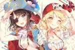  2girls :d ;q ascot bang_dream! bangs bear_eyepatch black_hair blonde_hair blue_cape blue_eyes blue_feathers blue_hat bracelet breasts cape character_print cleavage collarbone commentary_request directional_arrow earrings epaulettes eyepatch flower frilled_sleeves frills hat hat_feather hat_flower head_scarf jewelry locked_arms long_hair long_sleeves map_background medium_hair michelle_(bang_dream!) multiple_girls okusawa_misaki one_eye_closed open_mouth pirate pirate_hat print_hat rose salute shirt short_sleeves smile sparkle suspenders taya_5323203 tongue tongue_out tsurumaki_kokoro upper_body white_background white_flower white_rose white_shirt yellow_eyes 