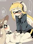  2girls bike_shorts black_shirt blonde_hair blush breasts commentary_request domino_mask eromame grey_hair grey_shirt hat headphones heart heart-shaped_pupils inkling mask multiple_girls neckerchief orange_eyes shirt small_breasts splatoon_(series) splatoon_1 spoken_exclamation_mark spoken_heart straddling symbol-shaped_pupils tentacle_hair yuri 