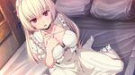  1girl absurdres bed blonde_hair blush breasts collarbone dress eyebrows eyebrows_visible_through_hair game_cg hand_on_chest highres indoors large_breasts long_hair looking_at_viewer no_shoes parted_lips pillow red_eyes ryakudatsusha_no_inen sakyuuan sitting socks solo white_dress 