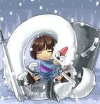  =_= androgynous armor brown_hair dog frisk_(undertale) lesser_dog long_neck neck_growth omutsu_(shina94) petting shield shirt shorts sitting smile snow snowing striped striped_shirt sword tongue tongue_out undertale weapon 