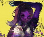  abstract_background arm_above_head asymmetrical_hair closed_mouth dark_skin facepaint frown_(wonderland85711) glitch gloves high_collar long_hair looking_at_viewer makeup multicolored_hair overwatch signature solo sombra_(overwatch) upper_body 