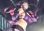  :p bare_shoulders black_hair bracelet breasts drill_hair elbow_gloves fingerless_gloves gloves glowing glowing_eye hakai_shin halter_top halterneck han_juri jewelry large_breasts long_hair looking_at_viewer midriff nail_polish naughty_face navel purple_eyes raised_eyebrows short_hair sideboob skindentation solo spiked_bracelet spikes street_fighter street_fighter_iv_(series) tongue tongue_out twin_drills 