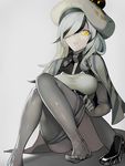  between_breasts breasts brown_eyes cape elbow_gloves eyebrows eyebrows_visible_through_hair eyes_visible_through_hair gloves grey_background grey_gloves grey_hair grey_legwear grey_skirt hair_over_one_eye hat highres kantai_collection lips long_hair looking_at_viewer medium_breasts open_mouth pale_skin pantyhose pantyhose_pull seaplane_tender_water_hime shadow shinkaisei-kan shoes_removed simple_background skirt solo walzrj 