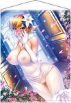  1girl areolae bare_shoulders blonde_hair blue_eyes blush breasts cleavage earrings elbow_gloves erect_nipples female flower gloves hair_flower hair_ornament igawa_sakura jewelry kagami_hirotaka large_breasts lilith-soft looking_at_viewer necklace nipples open_mouth orange_hair pussy_juice see-through short_hair smile solo standing taimanin_asagi taimanin_asagi_battle_arena tears tongue tongue_out wedding_dress white_gloves 