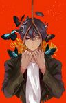  animal animal_on_head animal_on_shoulder bangs black_hair black_jacket black_sclera bug butterfly closed_mouth cropped_torso flower frown hair_between_eyes heterochromia holding insect jacket long_sleeves looking_at_viewer male_focus mismatched_sclera mob_psycho_100 mogami_keiji noose on_head red_background red_eyes rope saha spider_lily yellow_eyes 