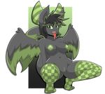  2016 alpha_channel anthro areola bat black_background black_feathers black_hair black_skin breasts clothing crouching feathered_wings feathers female green_background green_eyes green_feathers green_hair green_nipples green_pussy hair iabelle legwear looking_at_viewer mammal mostly_nude navel nipples open_mouth pointy_ears pussy simple_background solo spread_legs spreading teeth tongue tongue_out wings 