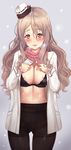  areola_slip areolae black_bra blush bra breasts brown_eyes crotch_seam eyebrows hair_between_eyes hat jacket kantai_collection large_breasts light_brown_hair long_hair long_sleeves looking_at_viewer open_clothes open_mouth panties panties_under_pantyhose pantyhose pink_scarf pola_(kantai_collection) scarf simple_background solo thick_eyebrows thighband_pantyhose tilted_headwear underwear untsue 