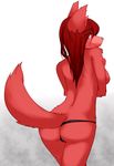  anthro black_bottomwear black_clothing black_panties blue_eyes breasts brown_hair butt canine clothed clothing female fur hair hi_res kemono long_hair mammal panties rac rear_view red_fur red_hair side_boob solo topless underwear 