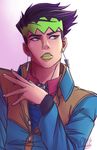  1boy earrings green_eyes green_lipstick headband highres jewelry jojo_no_kimyou_na_bouken kishibe_rohan lipstick makeup male_focus necktie parted_lips plaid plaid_necktie purple_hair rebecca_mcdaniel signature solo upper_body 