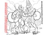  anthro anubis armor black_fur cybercat deity duo fur male monochrome open_mouth perky_ears redmight smile standing wepwawet 