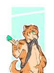 blush bottomless clothed clothing condom feline flat_colors inviting looking_at_viewer male mammal navel nipples pubes shirt shirt_in_mouth solo tank_top tiger 騰騰騰 
