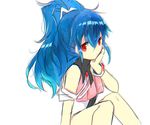  1girl alfimi artist_request banpresto bare_legs blue_hair female long_hair looking_at_viewer red_eyes sitting solo super_robot_wars 