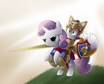  anthro armor canine clothing duo equine female feral fox friendship_is_magic fur green_eyes gumandpeanuts17_(artist) hair horn knight male mammal melee_weapon miles_prower multicolored_hair my_little_pony shield size_difference smile sonic_(series) sweetie_belle_(mlp) sword two_tone_hair unicorn video_games weapon young 
