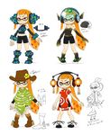  1girl alternate_costume bad_id bad_twitter_id bike_shorts boots china_dress chinese_clothes commentary_request cowboy_boots cowboy_hat dress earmuffs earphones elbow_gloves gloves green_dress hair_ornament hat highres inkling orange_eyes orange_hair poncho red_dress sleeveless splatoon_(series) splatoon_1 spurs translation_request yuta_agc 