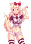  animal_ears baseball_bat blonde_hair bow collar fast-runner-2024 front-tie_top hair_bow hand_on_hip highres long_hair looking_at_viewer midriff naala navel one_eye_closed open_fly open_mouth original panties red_bow red_eyes shirt short_shorts shorts skindentation solo striped striped_legwear striped_panties tail tied_shirt underwear 