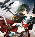  aiguillette belt belt_pouch black_cape cape check_commentary cloud cloudy_sky commentary commentary_request cowboy_shot eyepatch eyepatch_removed flat_cap gloves glowing glowing_eye green_eyes green_hair hat hat_removed headwear_removed heterochromia holding holding_sword holding_weapon injury kantai_collection kiso_(kantai_collection) long_hair looking_at_viewer midriff navel pouch remodel_(kantai_collection) school_uniform serafuku sheath short_hair skirt sky smoke solo standing stomach sword tenti0619 torn_clothes torn_skirt uniform unsheathing weapon white_hat white_skirt wind yellow_eyes 