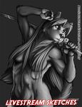  anthro breasts canine cybercat female fur hair mammal melee_weapon monochrome nude open_mouth solo sword tasteful_nudity weapon 
