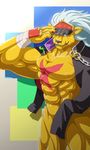  abs anthro armpits bancholeomon burokuso digimon feline lion looking_at_viewer male mammal muscular pecs simple_background 