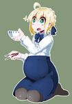  ahoge artoria_pendragon_(all) big_belly black_legwear blonde_hair blue_ribbon blush bowl chopsticks commentary_request fate/grand_order fate/stay_night fate_(series) food food_on_face green_eyes hair_ribbon kurihara_kinuo open_mouth pantyhose pregnant ribbon rice rice_on_face saber sitting skirt solo 