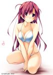  artist_name between_legs bikini blush breasts cleavage collarbone eyebrows eyebrows_visible_through_hair hand_between_legs heart inami_yura kai_yuuki large_breasts light_frown long_hair looking_at_viewer navel original purple_eyes red_hair shadow simple_background solo squatting swimsuit thighs watermark white_background white_bikini 