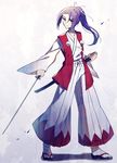  hair_ribbon hakama japanese_clothes kaede_(mmkeyy) katana meira pom_pom_(clothes) purple_eyes purple_hair ribbon samurai sheath solo sword touhou touhou_(pc-98) weapon wide_sleeves 