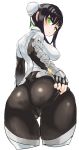  1girl ass black_hair bodysuit breasts bun_cover deep_skin double_bun fate/grand_order fate_(series) from_behind green_eyes large_breasts looking_back looking_down man0 qin_liangyu_(fate) shiny shiny_clothes shiny_hair short_hair sideboob solo sweatdrop 