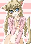  2015 abstract_background anthro areola bangs big_eyes black_nose blonde_hair blue_eyes blush bottomless braided_hair breasts cheek_tuft clothed clothing eyewear feline female freckles fur glasses hair kemono long_hair looking_at_viewer mammal milkexplorer nipples pigtails raised_shirt smile solo tan_fur tuft young 