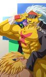  abs anthro armpits bancholeomon blush burokuso digimon feline fellatio leomon lion male male/male mammal muscular oral pecs sex simple_background 