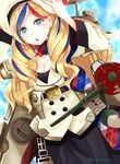  aircraft airplane anchor_hair_ornament beret blonde_hair blue_eyes blue_hair breasts cleavage commandant_teste_(kantai_collection) hair_ornament hairclip hat kantai_collection long_hair machinery medium_breasts multicolored_hair narushima_kanna open_mouth red_hair scarf solo streaked_hair twitter_username 