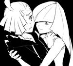  1girl asymmetrical_hair bare_arms black_background closed_mouth collarbone dress empty_eyes gladio_(pokemon) greyscale hair_over_one_eye hood hood_down hoodie hug kometubu0712 long_hair looking_at_another lusamine_(pokemon) monochrome mother_and_son pokemon pokemon_(game) pokemon_sm short_hair simple_background sleeveless sleeveless_dress smile upper_body 