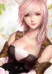  animal animal_ears breasts cat cat_ears cleavage commentary cosplay detached_sleeves final_fantasy final_fantasy_xiii final_fantasy_xiv leirix lightning_farron lightning_returns:_final_fantasy_xiii looking_at_viewer medium_breasts miqo'te miqo'te_(cosplay) pink_hair smile upper_body 