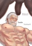  2boys abs age_difference bara beard blush cum cum_on_body erection lucio_(overwatch) male_focus multiple_boys muscle naughty_face overwatch pecs penis reinhardt_(overwatch) scar smile testicles yaoi 