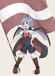  alternate_costume ascot bat_wings blue_hair boots brown_footwear cape flag hand_on_hip holding holding_flag knee_boots looking_at_viewer mknongr no_hat no_headwear open_mouth puffy_short_sleeves puffy_sleeves red_eyes red_neckwear remilia_scarlet short_hair short_sleeves solo teeth touhou wings 
