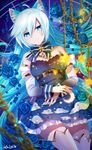  animal_ears bad_id bad_pixiv_id blue_eyes blue_flower blue_hair boots bow bowtie breasts cat_ears chain cleavage detached_sleeves dress eyebrows eyebrows_visible_through_hair felicia-val flower hair_between_eyes hands_on_own_stomach highres long_hair looking_at_viewer medium_breasts original smile solo star striped striped_bow thigh_boots thighhighs white_footwear 