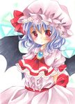  ascot bat_wings blush brooch dress frills hat hat_ribbon highres jewelry lavender_hair looking_at_viewer marker_(medium) mizame mob_cap pink_dress pink_hat puffy_short_sleeves puffy_sleeves red_eyes red_neckwear red_ribbon remilia_scarlet ribbon sash short_sleeves solo touhou traditional_media triangle wings 
