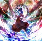  anklet dress hair_ornament highres jewelry kushidama_minaka leaf leaf_hair_ornament mirror no_socks onbashira puffy_short_sleeves puffy_sleeves purple_eyes purple_hair red_dress rope sandals shimenawa short_hair short_sleeves solo touhou yasaka_kanako 