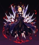  absurdres arms_up artoria_pendragon_(all) black_dress black_footwear black_ribbon blonde_hair boots breasts chain cleavage dark_excalibur dress fate/stay_night fate_(series) hair_between_eyes highres holding holding_sword holding_weapon looking_at_viewer medium_breasts mokoppe ribbon saber_alter short_hair solo sword weapon yellow_eyes 