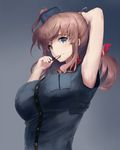  adjusting_hair arm_behind_head armpits bare_arms blue_eyes breast_pocket breasts brown_hair hair_grab highres kantai_collection large_breasts light_smile long_hair looking_at_viewer mouth_hold neckerchief pocket red_neckwear saratoga_(kantai_collection) side_ponytail smile solo takeichi_yui upper_body 