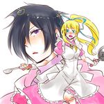  1boy 1girl apron black_hair blonde_hair blue_eyes breasts cape dress elbow_gloves fang frills frying_pan gloves hair_over_one_eye ladle leon_magnus lilith_aileron long_hair open_mouth purple_eyes ribbon short_hair tales_of_(series) tales_of_destiny 